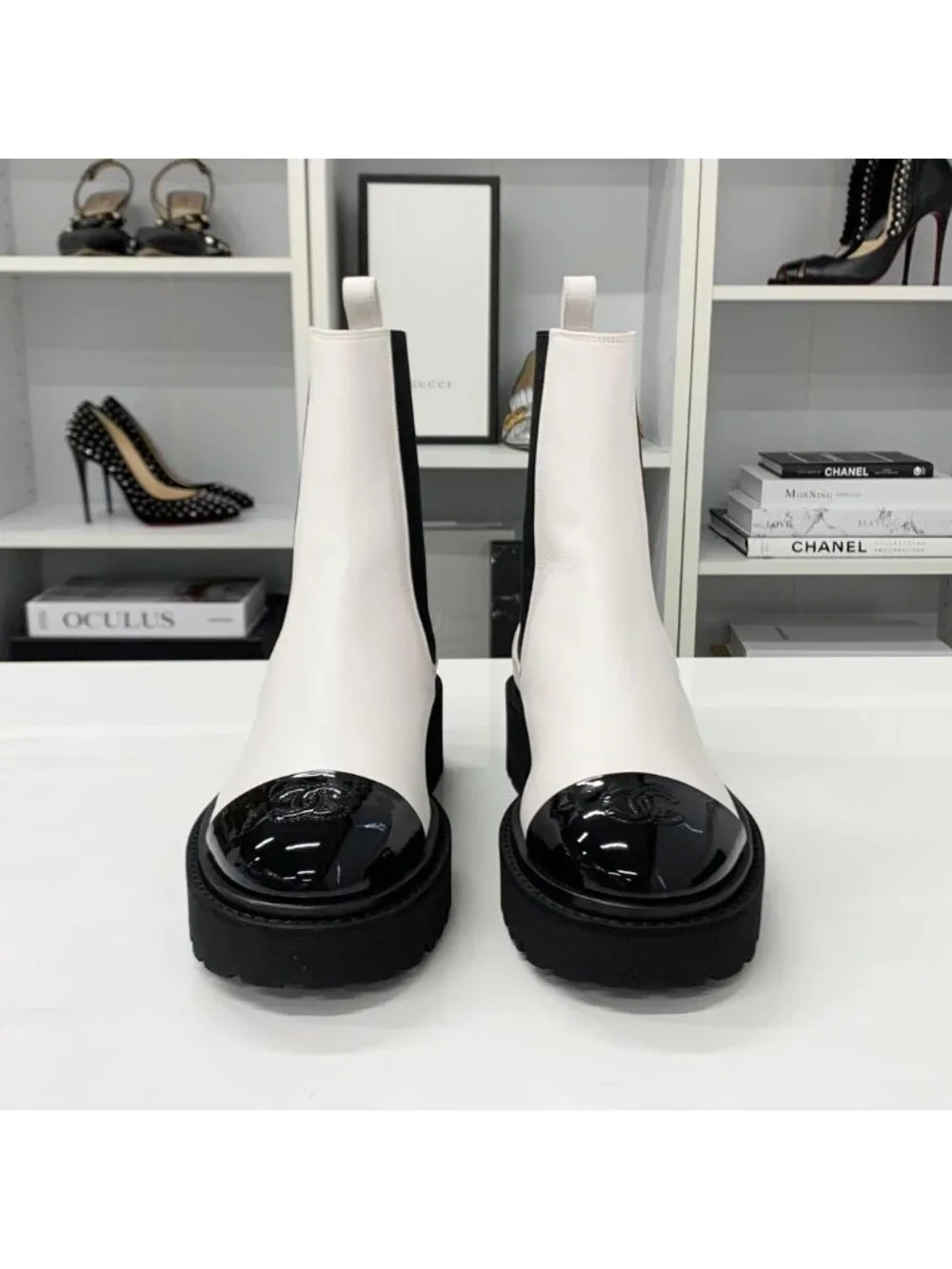 Chanel CC Logo Leather Patent Side Gore Short Boots White